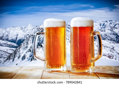 Winter Beer And Landscape Of Alps 