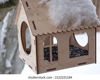 Winter Birdhouse, Bird Feeder Close-up With Sunflower Seeds