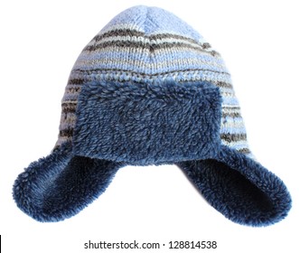 Winter Blue Knitted Cap. Shapka Isolated On White Background