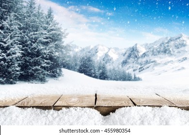 Winter Blue Landscape Of Alps And Brown Old Table Of Wood And Snow Place 