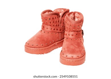 Winter boots for children. Close-up of a pair of elegant brown suede winter boots which are lined with fur. Girls winter shoe fashion isolated on a white background. - Powered by Shutterstock