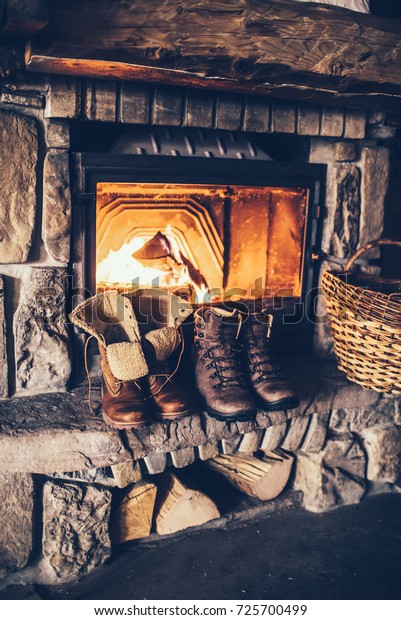 Winter Boots Front Fireplace Family Vintage Holidays Interiors