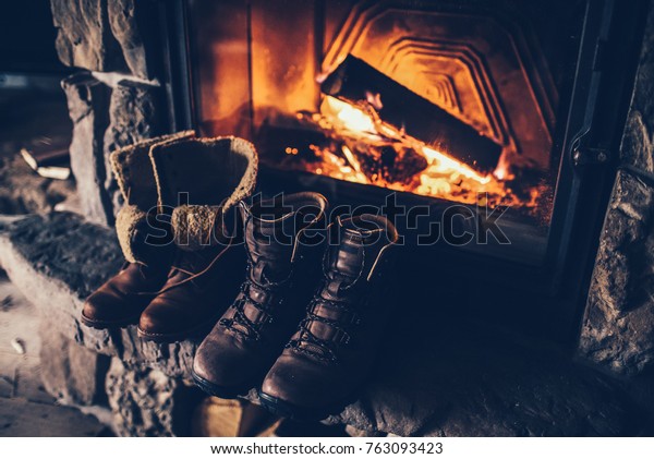 Winter Boots Front Fireplace Family Vintage Stock Photo Edit Now