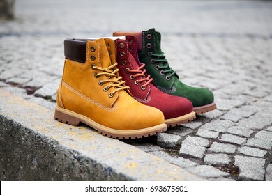 Winter boots. On the sidewalk