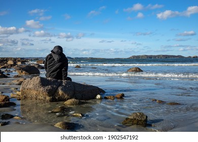 Winter Break On A Breton Beach In Front Of The Sea