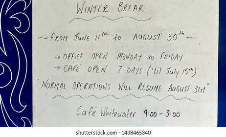 Winter Break Sign, Penrith Whitewater Stadium, Cranebrook, New South Wales, Australia On 27 June 2019                               