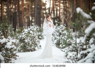 Winter Bride, Portrait Of Beautiful Bride In White Fur Coat And Wedding Dress In The Winter Forest