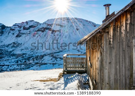 winter cabin landscape snow mountains Italy alps dolmites 