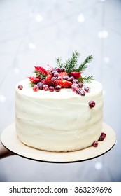 Winter Cake With Strawberries And Sugar Cranberries