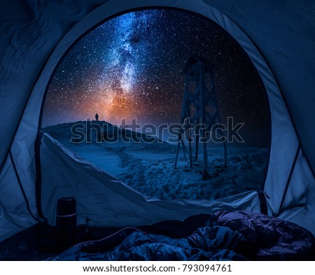 Winter camp with milky way in the mountains