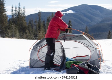 Winter Campaign In The Day Off With A Tent