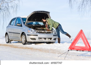 Winter Car Breakdown - Woman Try To Repair Motor