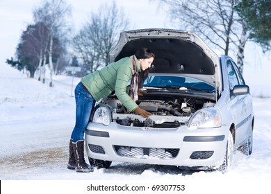 Winter Car Breakdown - Woman Try To Repair Motor