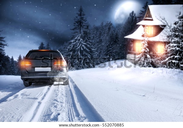 winter car and\
winter landscape in mountains\
