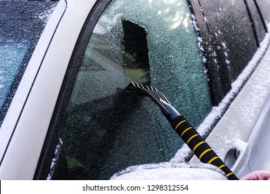 Winter Car Window Cleaning, Cleaning Snow, Scraping Ice, 