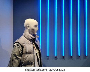 Winter Casual Jacket On Male Mannequin In Display Window Of Clothes Store. Retail Shop For Fashion, Beauty Industry And Small Business. Human Model With Head And Face.