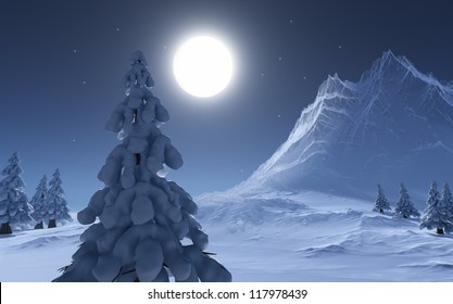 Winter - CG render. Ice mountain, snow tree and full moon/ Winter night / CG - Powered by Shutterstock