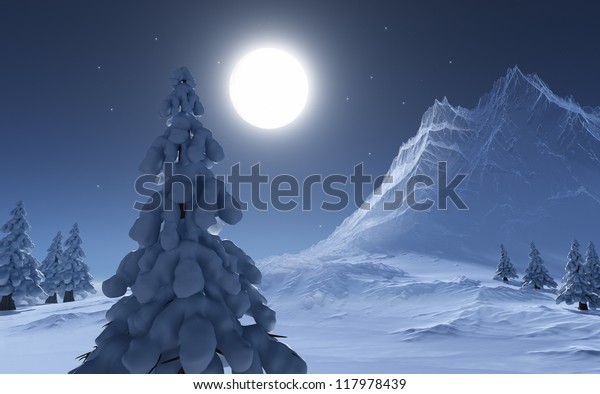 Winter - CG render. Ice mountain, snow tree and full\
moon/ Winter night / CG