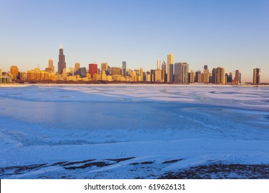 Winter in Chicago - skyline at sunrise. Chicago, Illinois, USA.