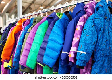 Winter children sports jacket on a hanger in the store