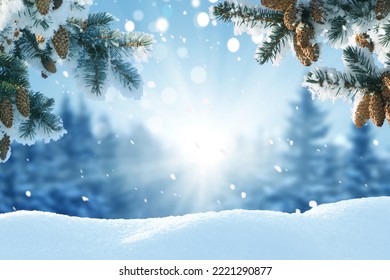 Winter Christmas background with fir tree branch 
Merry christmas and happy new year greeting card with copy-space.Christmas background.Winter landscape with snow and fir trees - Powered by Shutterstock