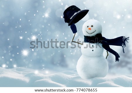Winter Christmas background.Merry Christmas and happy New Year greeting card with snowman. 