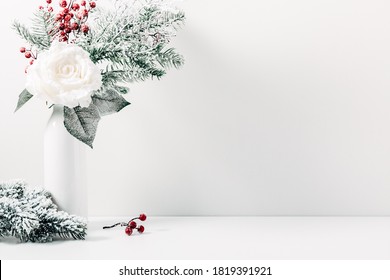 Winter Or Christmas Composition, Decoration, Flowers, Branches In Vase On White Background. Christmas Home Decor, Winter Concept. Front View, Copy Space