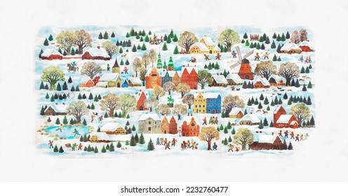 Winter or Christmas landscape, fairy tale town, colorful tale houses, people having fun celebration on New Year's eve. Wonderland, Christmas village , Winter Holidays. New Year or Christmas Card - Powered by Shutterstock