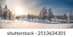 Winter Christmas Landscape with snowy Trees and Calm Winter River. Winter Forest On The River At Sunset.