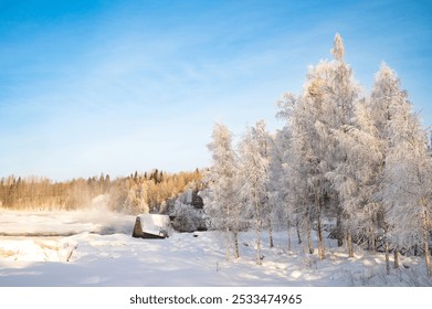 Winter Christmas Landscape with snowy Trees and Calm Winter River. Winter Forest On The River At Sunset. - Powered by Shutterstock