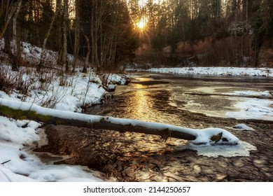 Winter Christmas Landscape, Surrounded By Trees.Winter Forest On The River. Landscape With Snowy Trees, Beautiful Frozen River With Reflection In Water. Water in frozen stream. Snowy river in forest. - Powered by Shutterstock