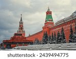 Winter city landscape with a view of the Spassky Tower and Lenin