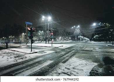 Winter City Street In The Night Under The Snow In Turin Italy