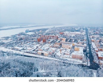 Winter Cityscape Tomsk Siberia Snow Forest, Russia Aerial Top View.