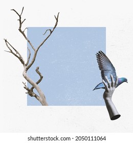Winter is coming. Change of season. Creatove artwork of f leafless tree and hand holding dove. Migratory birds. Retro style. Concept of seasons, weather, time cycle. Copy space for ad