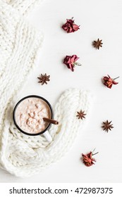 Winter Composition. Hot Chocolate, Knitted Blanket And Dried Rose Flowers. Flat Lay, Top View