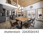 Winter cottages in remote area Quebec, Canada, log house with sauna, SPA, bedrooms, pool, living room, messanine, kitchen and bathrooms