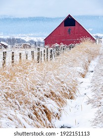 Winter Country Scene With Red Barn And Snow