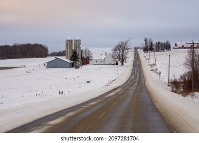 A Winter Countryside Landscape On A Farm In The Province Of Quebec, Canada