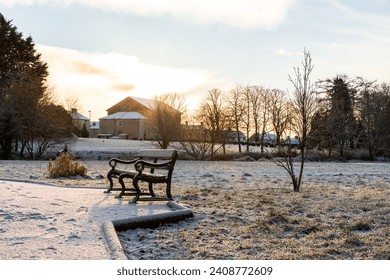 Winter countryside road walk outdoor park blue sky clouds beautiful view white snow panorama landscape nice bench background cold day fresh air healthy lifestyle walk explore travel lovely nature - Powered by Shutterstock