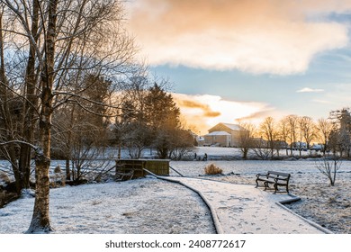 Winter countryside road walk outdoor park blue sky clouds beautiful view white snow panorama landscape nice bench background cold day fresh air healthy lifestyle walk explore travel lovely nature - Powered by Shutterstock