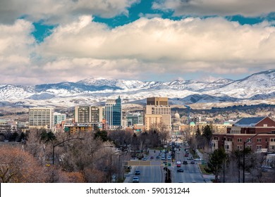 Winter day in Boise Idaho with capital and snow in the foothills