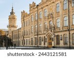  It is winter day with sunny sky. Its photo of main building of National Technical University of Ukraine. It