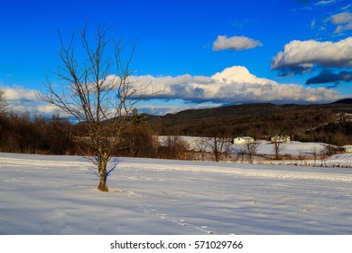 Winter Daytime Scene With Snow, Mountains, Clouds, Trees And Fields. Seated In Hudson Valley, Brunswick NY Outside Of Albany.