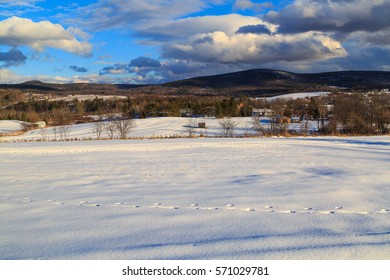 Winter Daytime Scene With Snow, Mountains, Clouds, Trees And Fields. Seated In Hudson Valley, Brunswick NY Outside Of Albany.