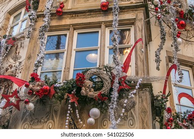 Winter Decorations In Medieval City Of Strasbourg Which Is Considered As A Capital Of Christmas.