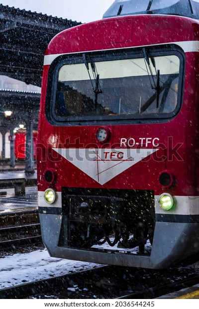 Winter detail train view. Train on the platform of\
Bucharest North Railway Station (Gara de Nord Bucuresti) in\
Bucharest, Romania, 2021