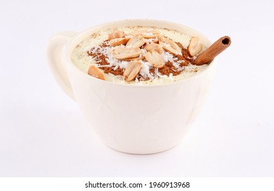 winter drink, Sahlab with milk and cinnamon isolated on white background