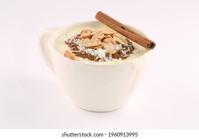 winter drink, Sahlab with milk and cinnamon isolated on white background