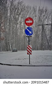 Winter Driving - Heavy Snowfall On A Country Road. Driving On It Becomes Dangerous … Winter Park, Path For Bicycles, Signs: No Walking, No Strollers